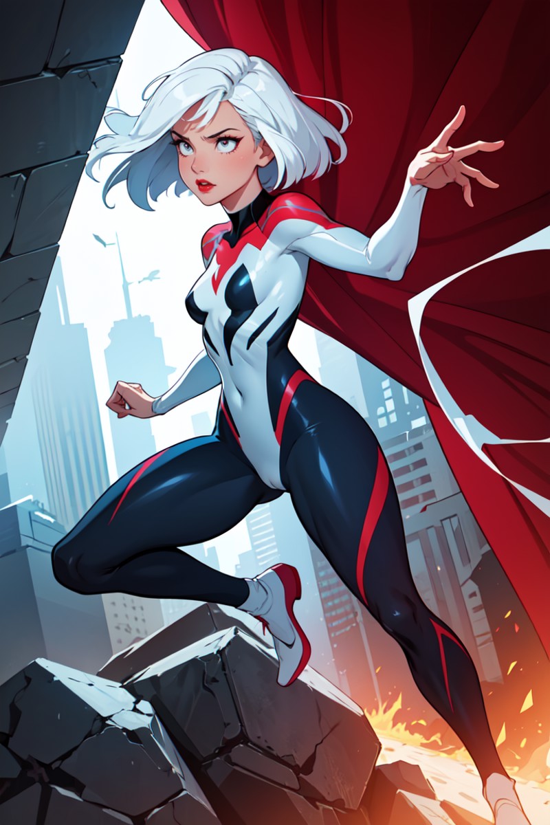 masterpiece, best quality, (1girl, full body), action scene, dynamic pose, spider gwen, white hair, Cute Loose Bob hairsty...